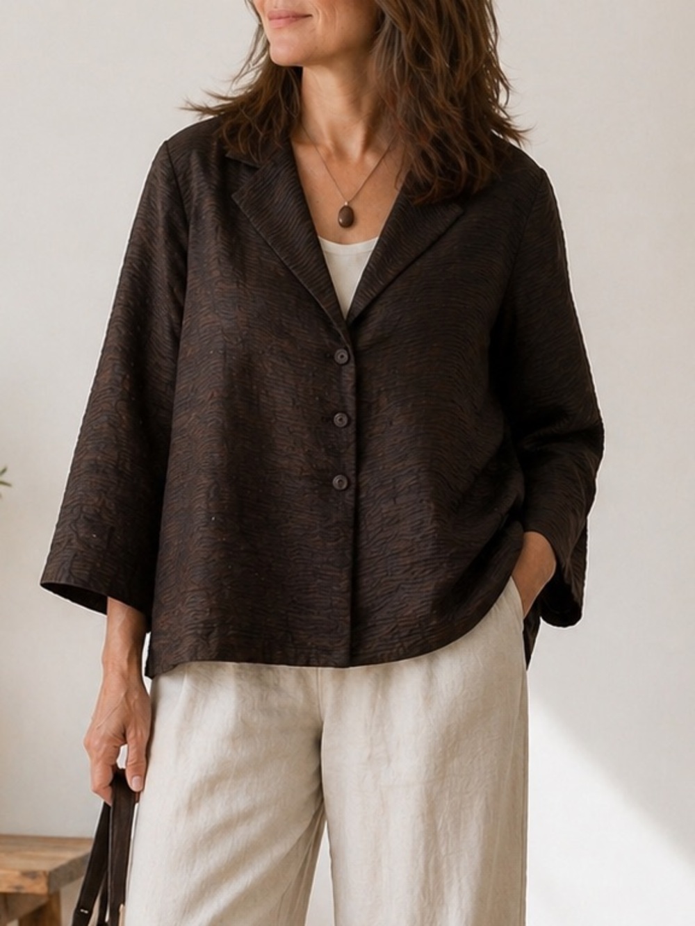 Eileen Fisher Brown Silk Wool Textured Blazer Swing Art Jacket M